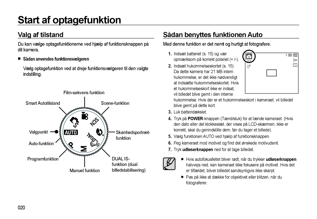 Samsung EC-WB550BBP/E2, EC-WB550ABP/E2 manual Start af optagefunktion, Valg af tilstand, Sådan benyttes funktionen Auto 