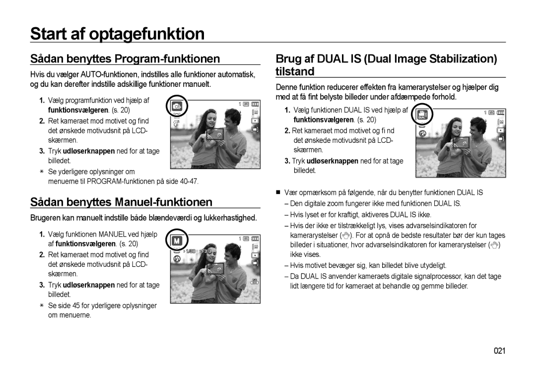 Samsung EC-WB550ABP/E2, EC-WB550BBP/E2 manual Sådan benyttes Program-funktionen, Sådan benyttes Manuel-funktionen, 021 