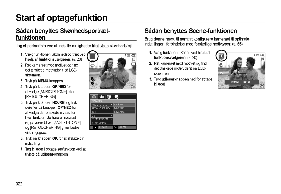 Samsung EC-WB550BBP/E2, EC-WB550ABP/E2 Sådan benyttes Skønhedsportræt- funktionen, Sådan benyttes Scene-funktionen, 022 