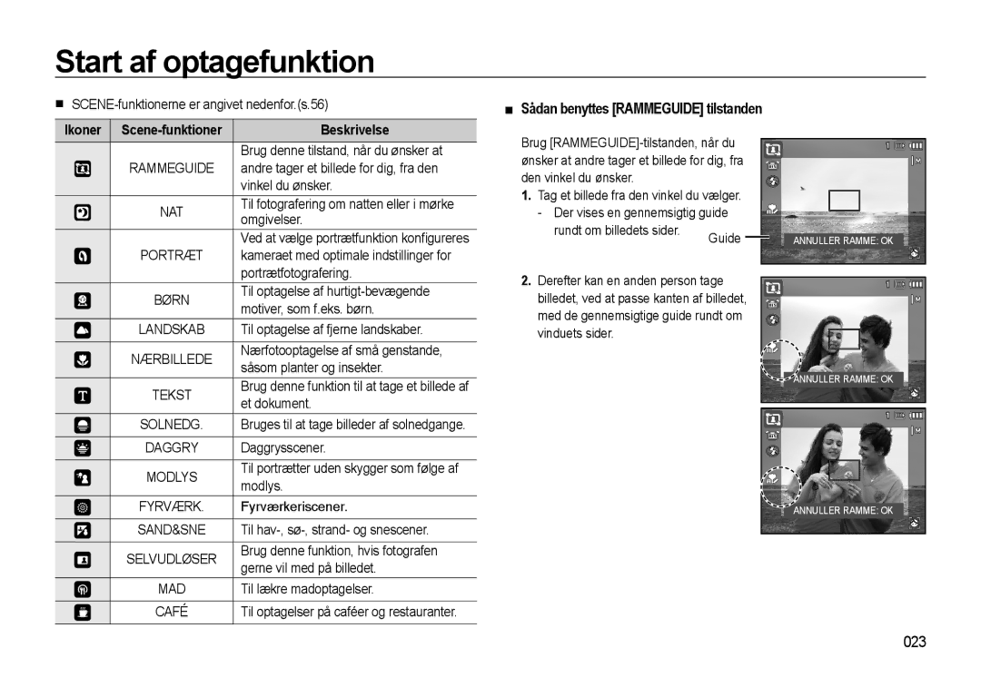 Samsung EC-WB550ABP/E2, EC-WB550BBP/E2 manual 023, Ikoner Scene-funktioner Beskrivelse 