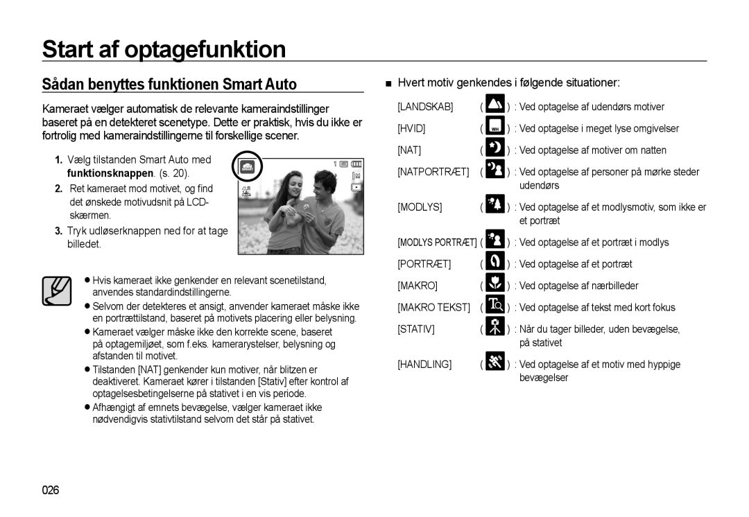 Samsung EC-WB550BBP/E2 manual Sådan benyttes funktionen Smart Auto, Hvert motiv genkendes i følgende situationer, 026 