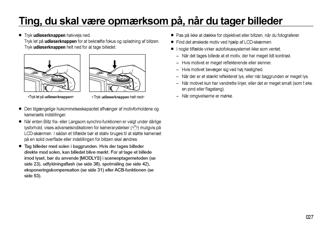 Samsung EC-WB550ABP/E2, EC-WB550BBP/E2 manual Ting, du skal være opmærksom på, når du tager billeder, 027 