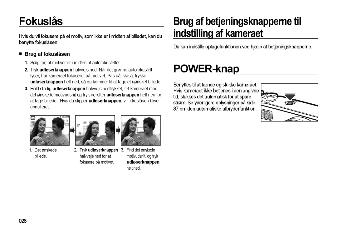 Samsung EC-WB550BBP/E2, EC-WB550ABP/E2 Fokuslås, POWER-knap, Brug af fokuslåsen, Om den automatiske afbryderfunktion 028 