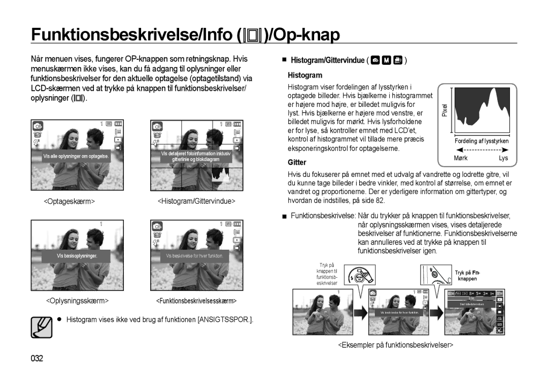 Samsung EC-WB550BBP/E2, EC-WB550ABP/E2 manual Funktionsbeskrivelse/Info /Op-knap, Histogram/Gittervindue, 032 