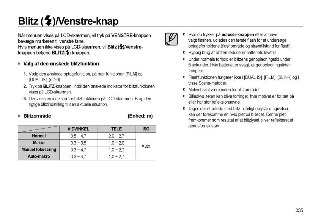 Samsung EC-WB550ABP/E2, EC-WB550BBP/E2 manual Blitz /Venstre-knap, Valg af den ønskede blitzfunktion, Blitzområde, 035 