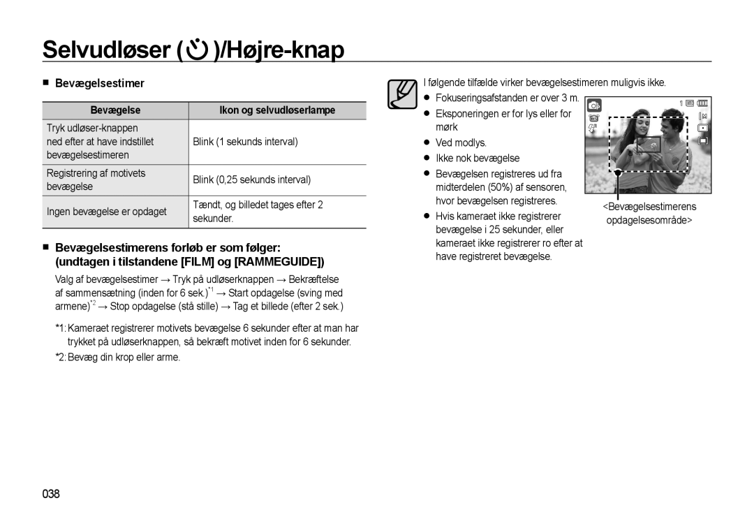 Samsung EC-WB550BBP/E2, EC-WB550ABP/E2 manual Bevægelsestimer, 038, Følgende tilfælde virker bevægelsestimeren muligvis ikke 