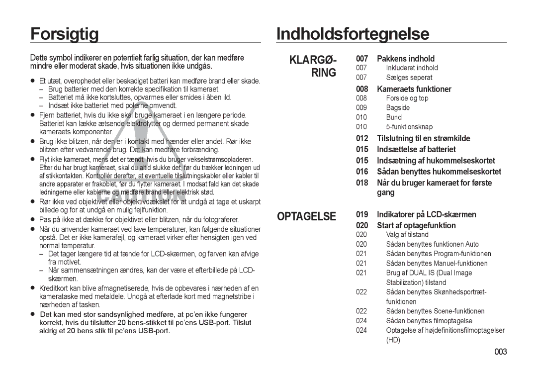 Samsung EC-WB550ABP/E2, EC-WB550BBP/E2 manual Forsigtig Indholdsfortegnelse, Pakkens indhold, Kameraets funktioner, 003 