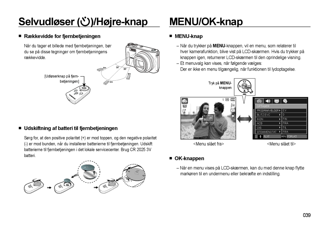 Samsung EC-WB550ABP/E2, EC-WB550BBP/E2 manual MENU/OK-knap, Rækkevidde for fjernbetjeningen, MENU-knap, OK-knappen 