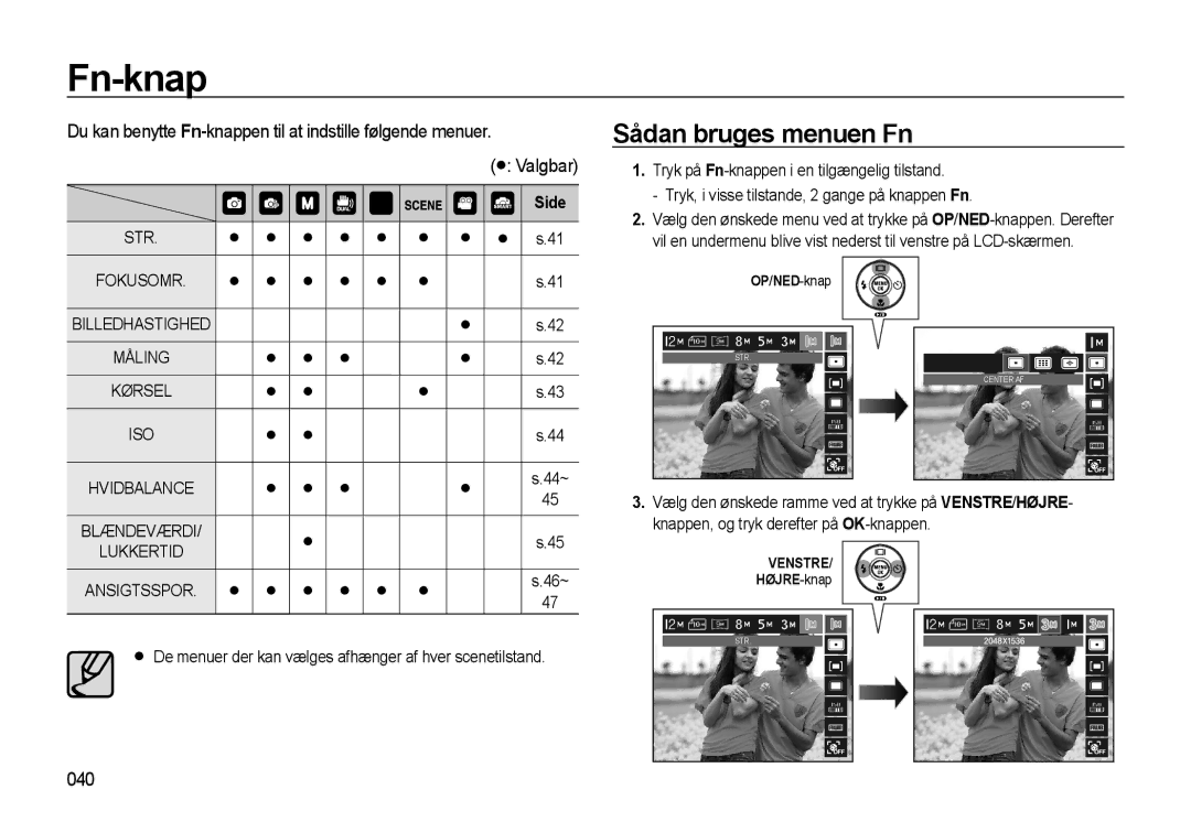 Samsung EC-WB550BBP/E2, EC-WB550ABP/E2 manual Fn-knap, Sådan bruges menuen Fn, 040, Ansigtsspor 