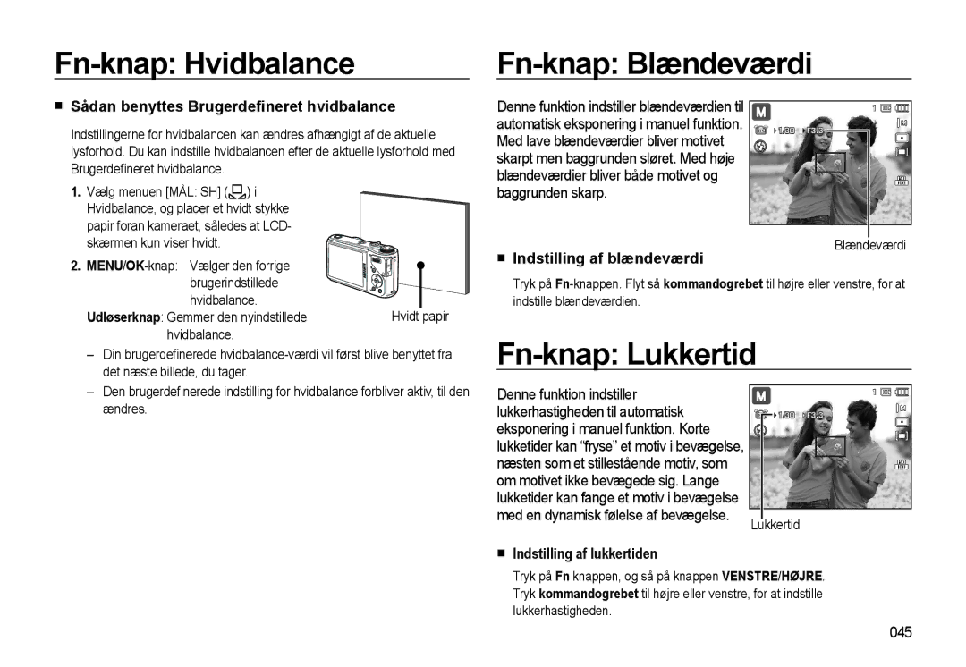 Samsung EC-WB550ABP/E2 manual Fn-knap Hvidbalance Fn-knap Blændeværdi, Fn-knap Lukkertid, Indstilling af blændeværdi 