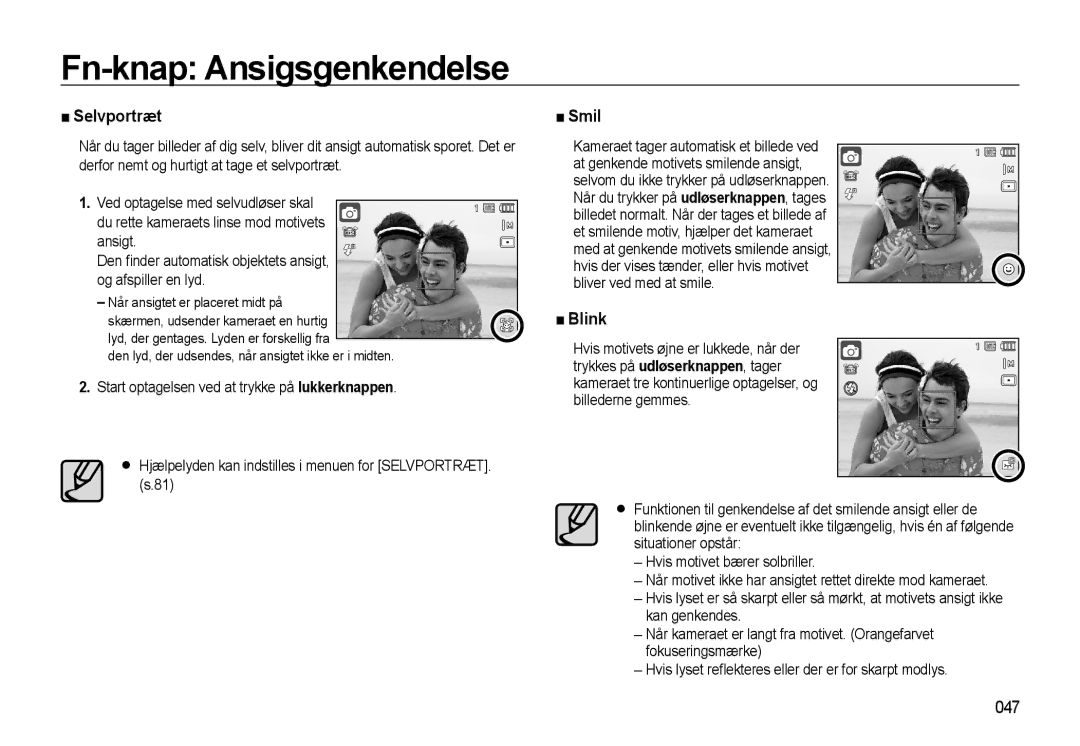 Samsung EC-WB550ABP/E2, EC-WB550BBP/E2 manual Selvportræt, Smil, Blink, 047 