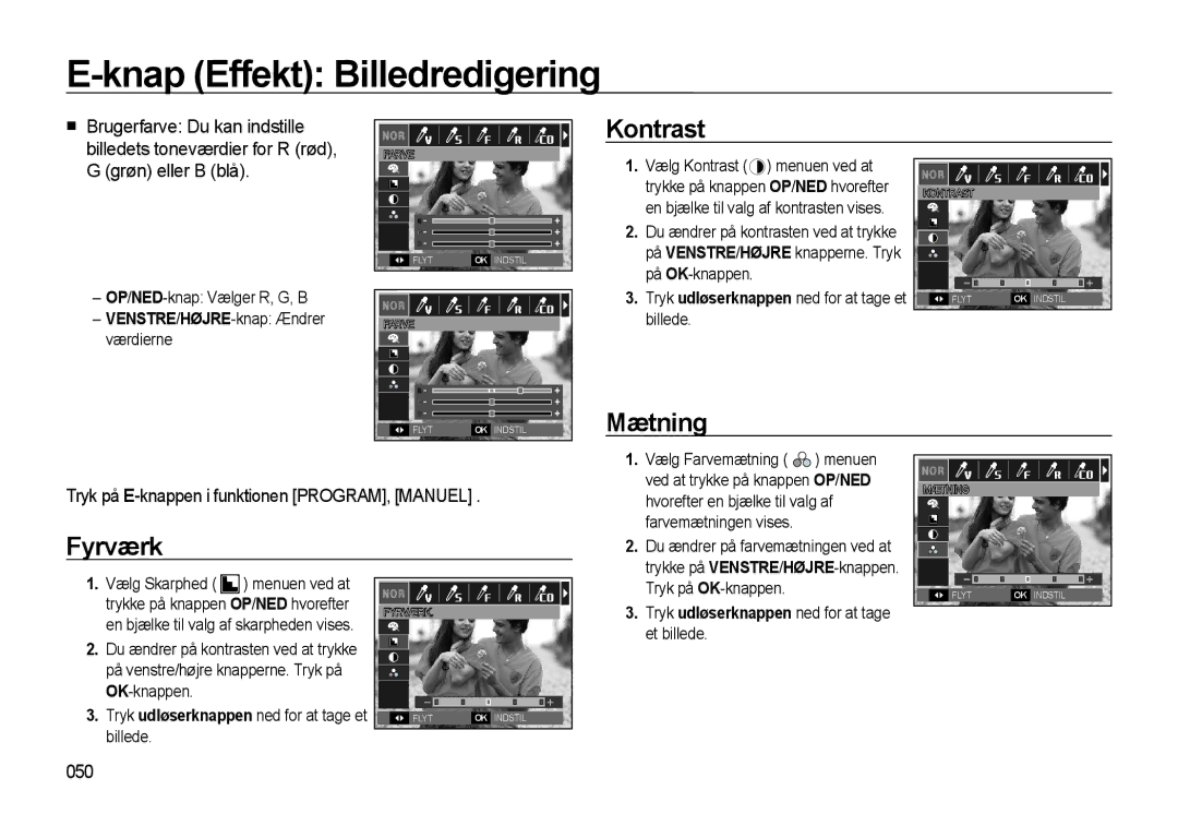 Samsung EC-WB550BBP/E2, EC-WB550ABP/E2 manual Knap Effekt Billedredigering, Kontrast, Mætning, Fyrværk 