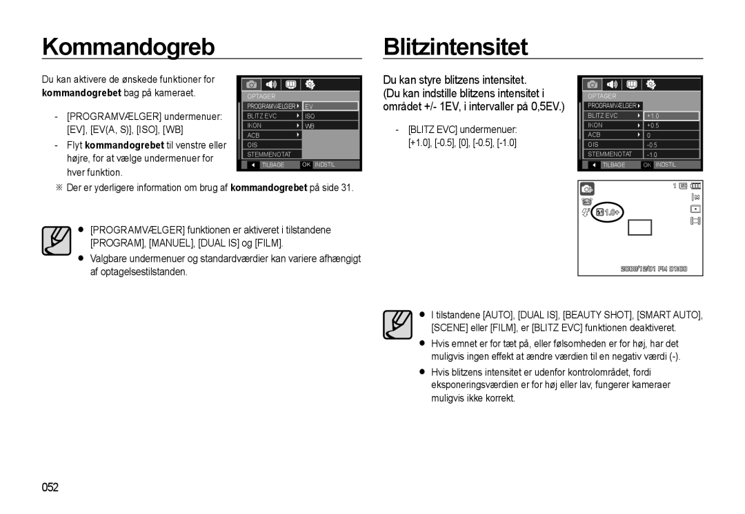 Samsung EC-WB550BBP/E2, EC-WB550ABP/E2 manual Kommandogreb Blitzintensitet, 052 