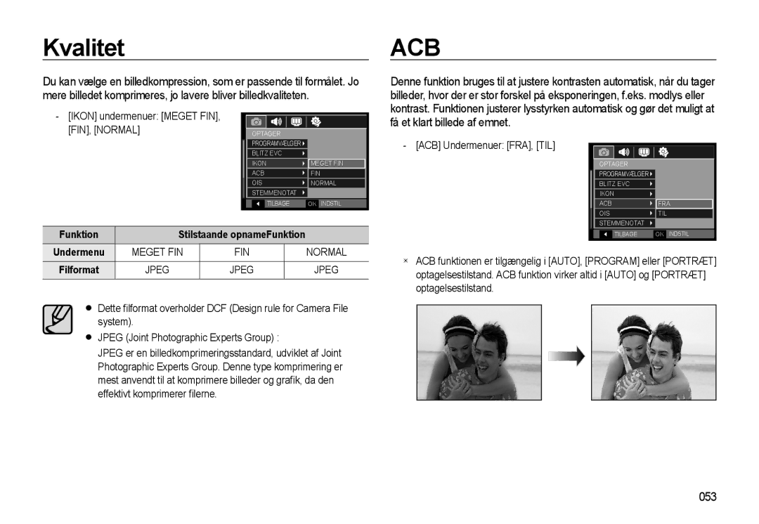 Samsung EC-WB550ABP/E2 manual Kvalitet, Få et klart billede af emnet, 053, Ikon undermenuer Meget FIN, FIN, Normal 