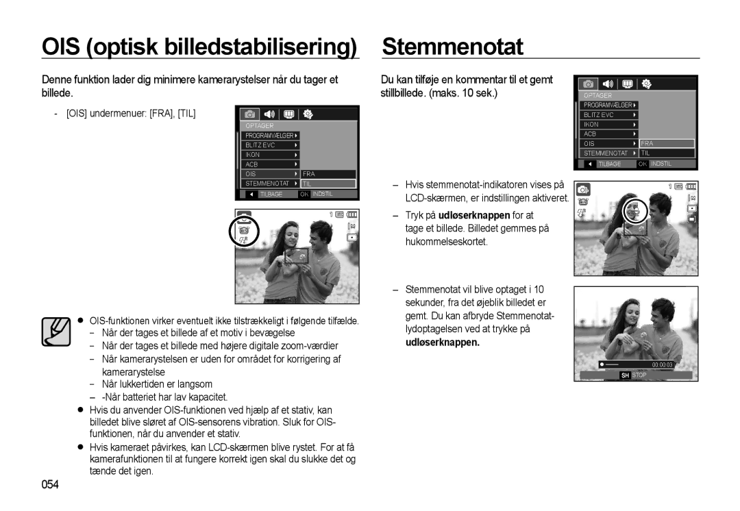 Samsung EC-WB550BBP/E2, EC-WB550ABP/E2 manual OIS optisk billedstabilisering Stemmenotat, 054, OIS undermenuer FRA, TIL 