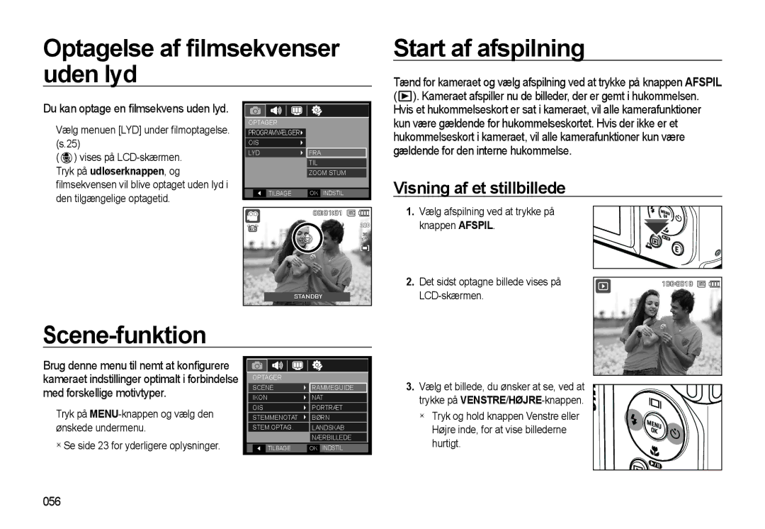 Samsung EC-WB550BBP/E2 Optagelse af ﬁlmsekvenser uden lyd Start af afspilning, Scene-funktion, Visning af et stillbillede 