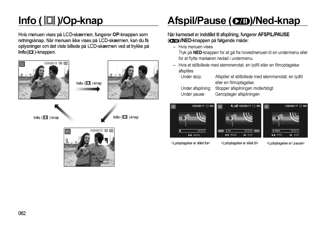 Samsung EC-WB550BBP/E2, EC-WB550ABP/E2 manual Info /Op-knap, Afspil/Pause /Ned-knap, 062 