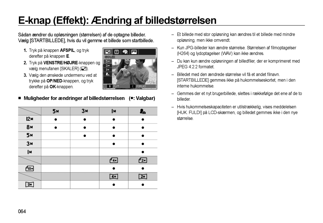 Samsung EC-WB550BBP/E2, EC-WB550ABP/E2 manual Knap Effekt Ændring af billedstørrelsen, 064 