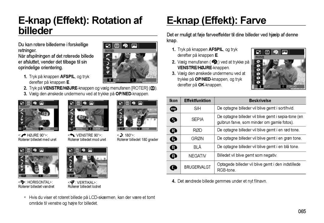 Samsung EC-WB550ABP/E2 manual Knap Effekt Rotation af billeder, Knap Effekt Farve, 065, Ikon Effektfunktion Beskrivelse 