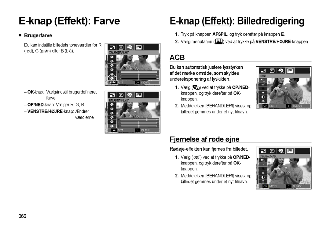 Samsung EC-WB550BBP/E2 manual Knap Effekt Farve Knap Effekt Billedredigering, Fjernelse af røde øjne, Brugerfarve, 066 