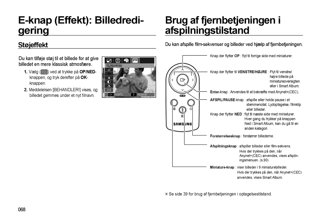 Samsung EC-WB550BBP/E2 Knap Effekt Billedredi- gering, Brug af fjernbetjeningen i afspilningstilstand, Støjeffekt, 068 