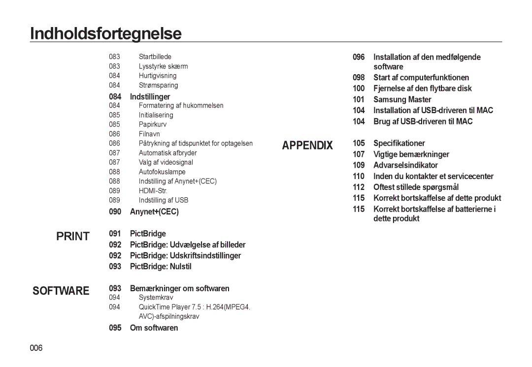 Samsung EC-WB550BBP/E2 manual Indstillinger, Korrekt bortskaffelse af batterierne i dette produkt, 006, Systemkrav 