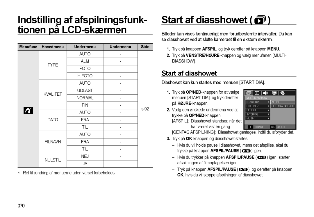 Samsung EC-WB550BBP/E2 manual Start af diasshowet, Start af diashowet, Diashowet kan kun startes med menuen Start DIA, 070 