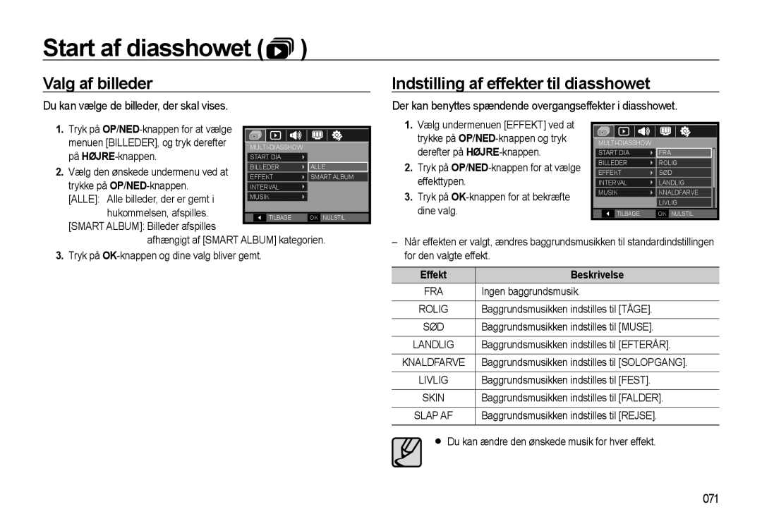 Samsung EC-WB550ABP/E2 Valg af billeder, Indstilling af effekter til diasshowet, Du kan vælge de billeder, der skal vises 