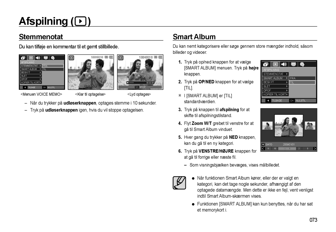 Samsung EC-WB550ABP/E2 Afspilning, Stemmenotat, Smart Album, Du kan tilføje en kommentar til et gemt stillbillede, 073 