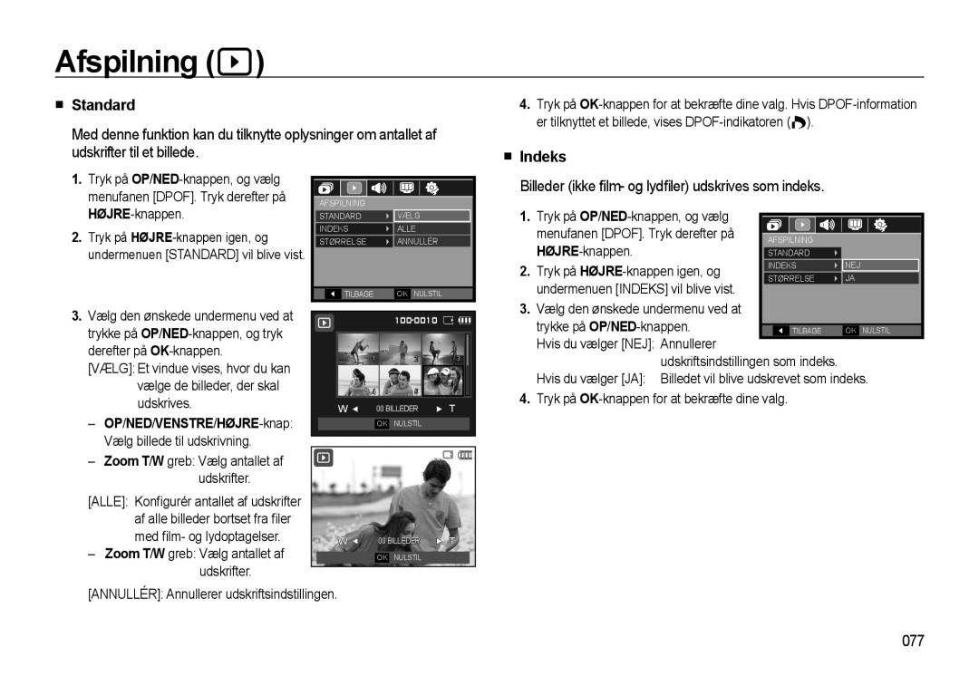Samsung EC-WB550ABP/E2, EC-WB550BBP/E2 manual Standard, Indeks, Billeder ikke ﬁlm- og lydﬁler udskrives som indeks, 077 