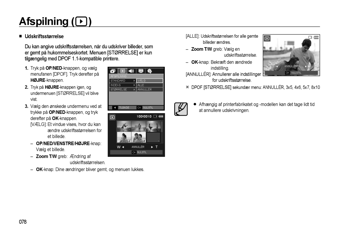 Samsung EC-WB550BBP/E2, EC-WB550ABP/E2 manual Udskriftsstørrelse, 078, OP /NED /VENSTRE /HØJRE -knap 