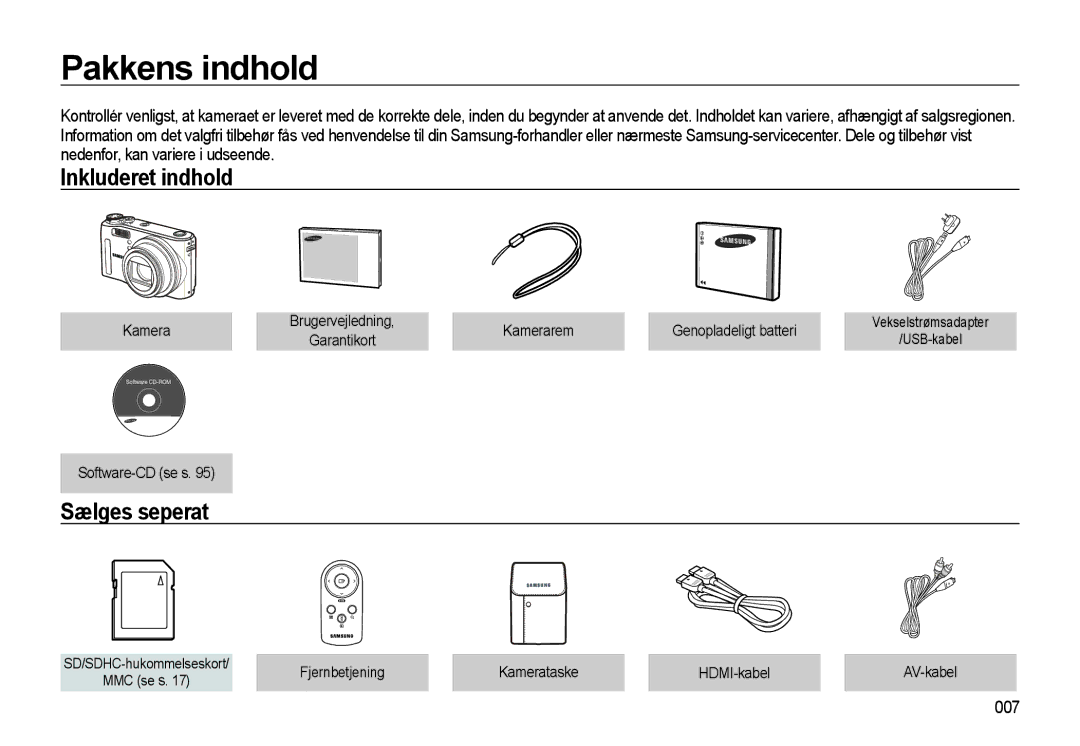 Samsung EC-WB550ABP/E2, EC-WB550BBP/E2 manual Pakkens indhold, Inkluderet indhold, Sælges seperat, 007 