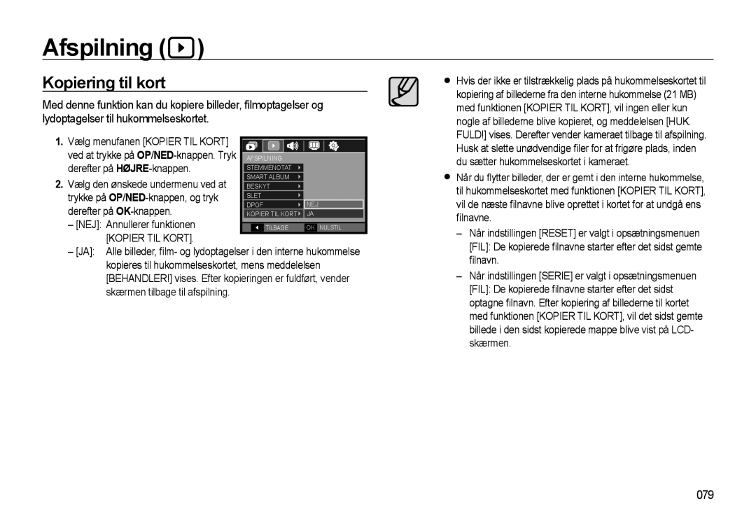 Samsung EC-WB550ABP/E2, EC-WB550BBP/E2 manual Kopiering til kort, 079, NEJ Annullerer funktionen, Kopier TIL Kort 