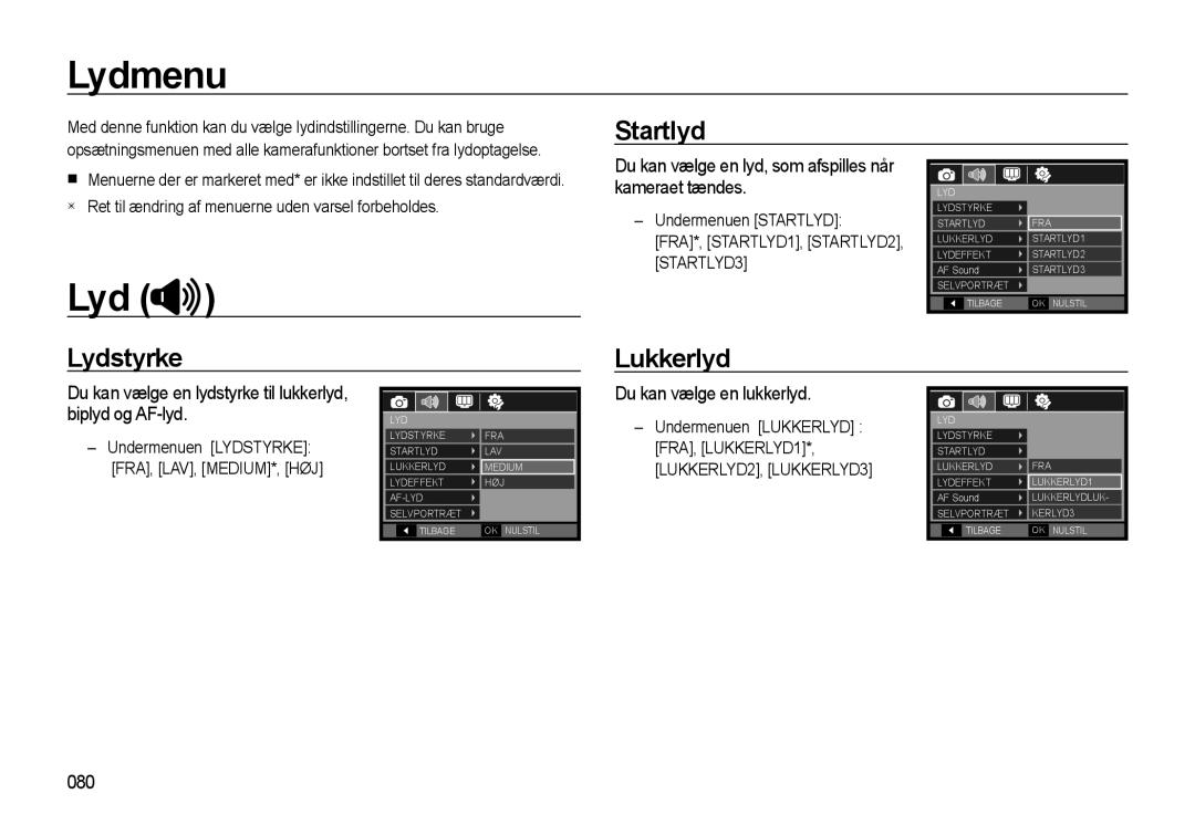 Samsung EC-WB550BBP/E2, EC-WB550ABP/E2 manual Lydmenu, Startlyd, Lydstyrke Lukkerlyd 