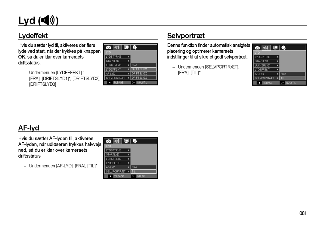 Samsung EC-WB550ABP/E2 Lydeffekt Selvportræt, AF-lyd, 081, Undermenuen Lydeffekt, FRA, DRIFTSLYD1*, DRIFTSLYD2, DRIFTSLYD3 