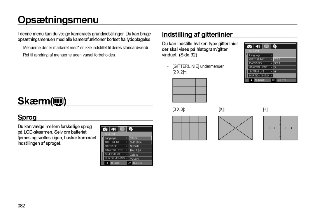 Samsung EC-WB550BBP/E2, EC-WB550ABP/E2 manual Opsætningsmenu, Skærm, Indstilling af gitterlinier, Sprog, 082 