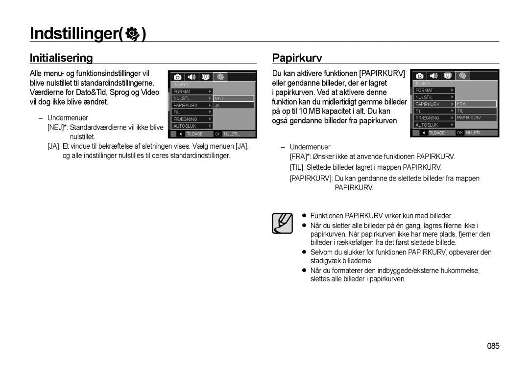 Samsung EC-WB550ABP/E2, EC-WB550BBP/E2 manual Initialisering Papirkurv, 085, Funktionen Papirkurv virker kun med billeder 