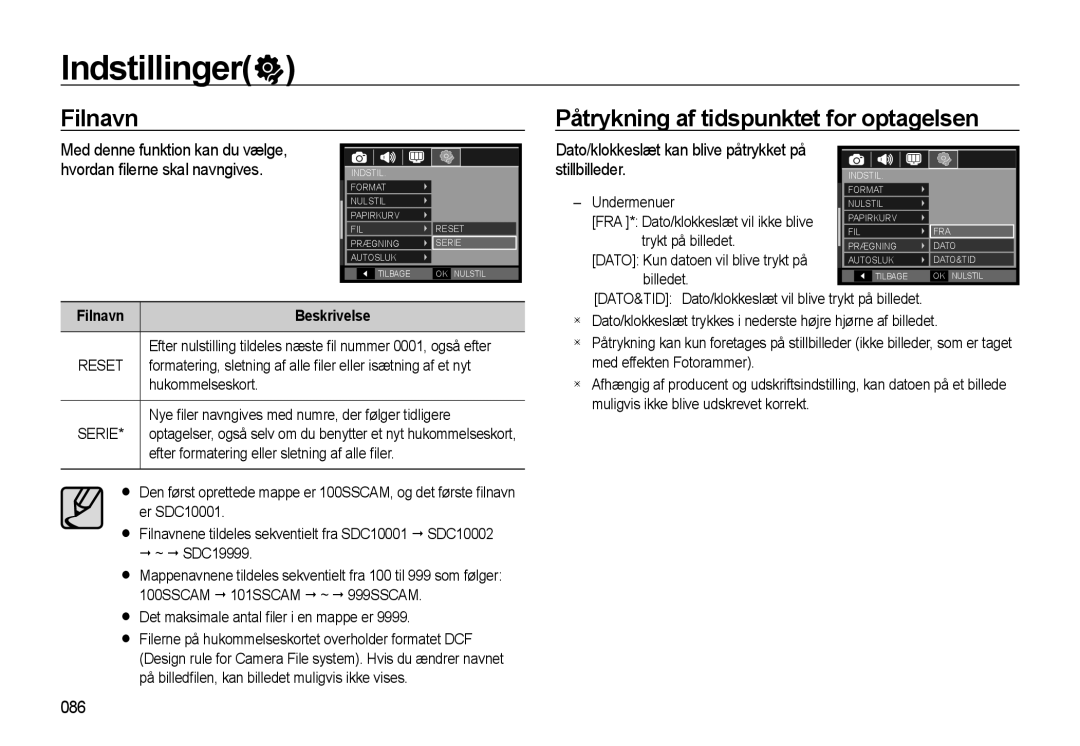 Samsung EC-WB550BBP/E2 manual Filnavn Påtrykning af tidspunktet for optagelsen, 086, Filnavn Beskrivelse, Reset, Serie 