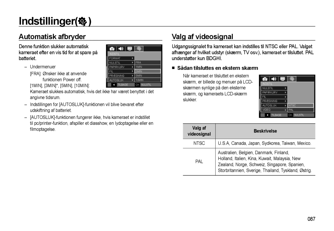 Samsung EC-WB550ABP/E2, EC-WB550BBP/E2 Automatisk afbryder, Valg af videosignal, 087, Sådan tilsluttes en ekstern skærm 