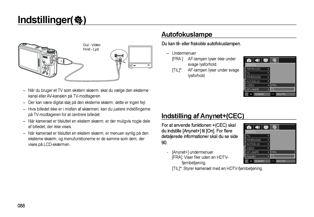 Samsung EC-WB550BBP/E2, EC-WB550ABP/E2 manual Autofokuslampe, Indstilling af Anynet+CEC, 088 