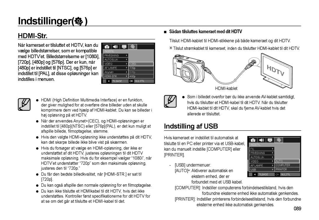 Samsung EC-WB550ABP/E2 manual HDMI-Str, Indstilling af USB, Sådan tilsluttes kameraet med dit Hdtv, 089, HDMI-kablet 