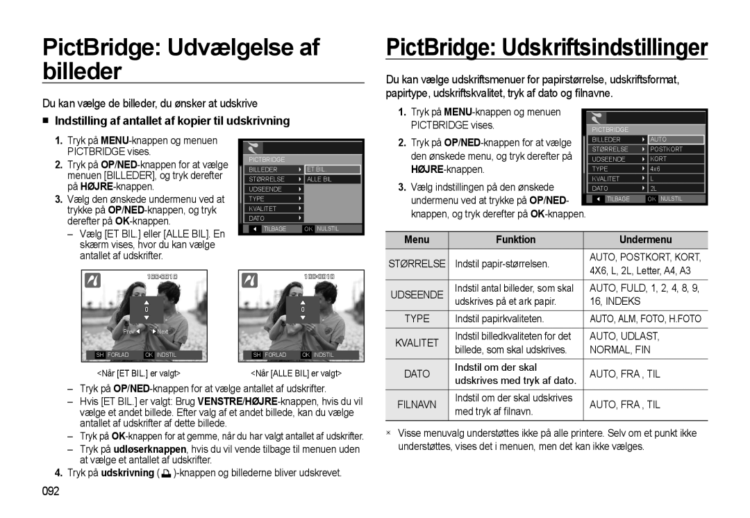 Samsung EC-WB550BBP/E2, EC-WB550ABP/E2 manual PictBridge Udvælgelse af billeder, PictBridge Udskriftsindstillinger, 092 