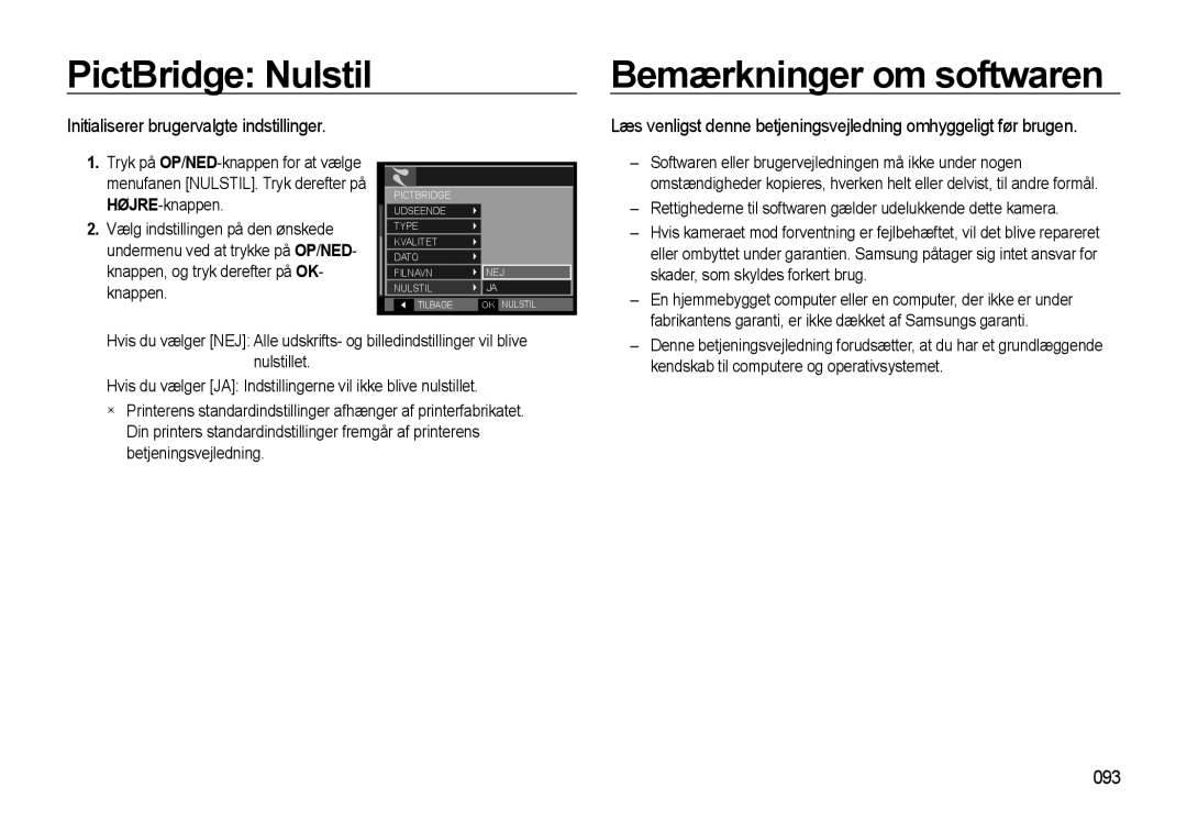 Samsung EC-WB550ABP/E2 manual PictBridge Nulstil Bemærkninger om softwaren, Initialiserer brugervalgte indstillinger, 093 