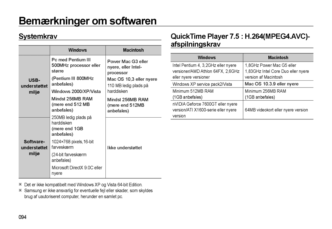 Samsung EC-WB550BBP/E2, EC-WB550ABP/E2 manual Systemkrav, QuickTime Player 7.5 H.264MPEG4.AVC- afspilningskrav, 094 