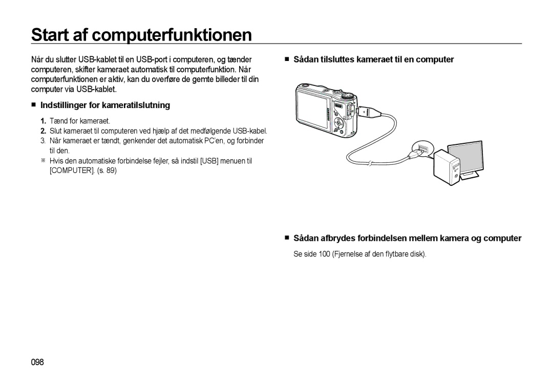 Samsung EC-WB550BBP/E2 Start af computerfunktionen, Computer via USB-kablet, Indstillinger for kameratilslutning, 098 