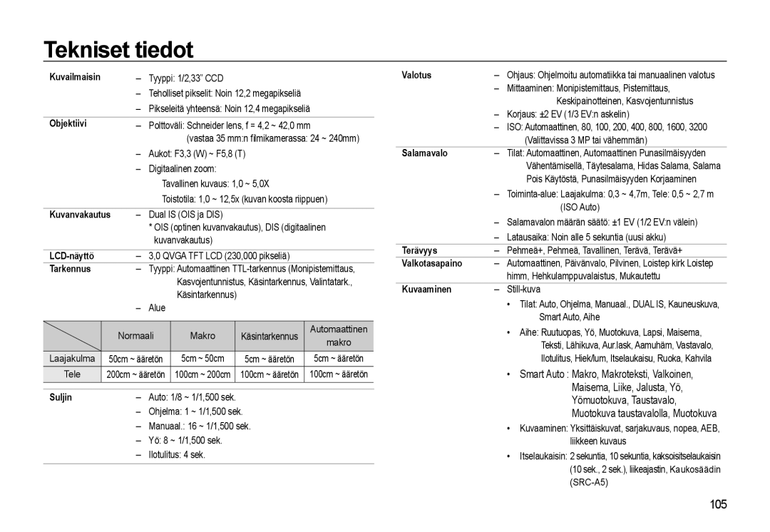 Samsung EC-WB550ABP/E2, EC-WB550BBP/E2 manual Tekniset tiedot 