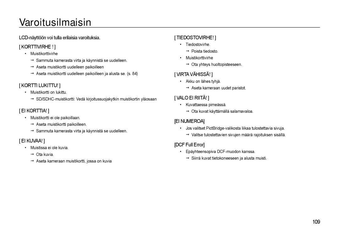 Samsung EC-WB550ABP/E2 manual Varoitusilmaisin, LCD-näyttöön voi tulla erilaisia varoituksia. Korttivirhe, DCF Full Error 