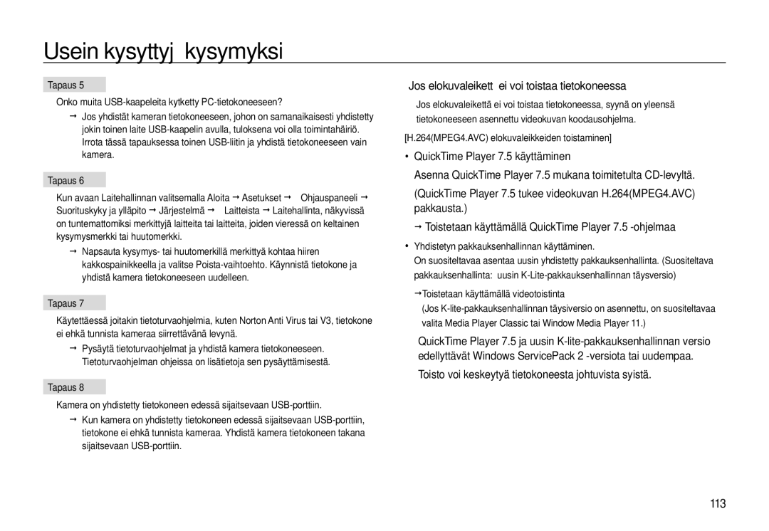 Samsung EC-WB550ABP/E2, EC-WB550BBP/E2 manual Jos elokuvaleikettä ei voi toistaa tietokoneessa 