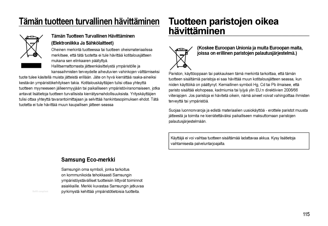 Samsung EC-WB550ABP/E2, EC-WB550BBP/E2 manual Tuotteen paristojen oikea hävittäminen, Mukana sen elinkaaren päätyttyä 