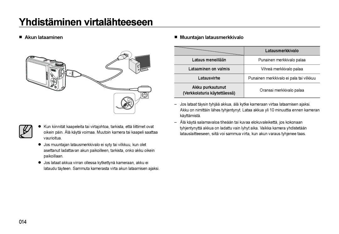 Samsung EC-WB550BBP/E2, EC-WB550ABP/E2 manual Akun lataaminen, Muuntajan latausmerkkivalo, Latausmerkkivalo 